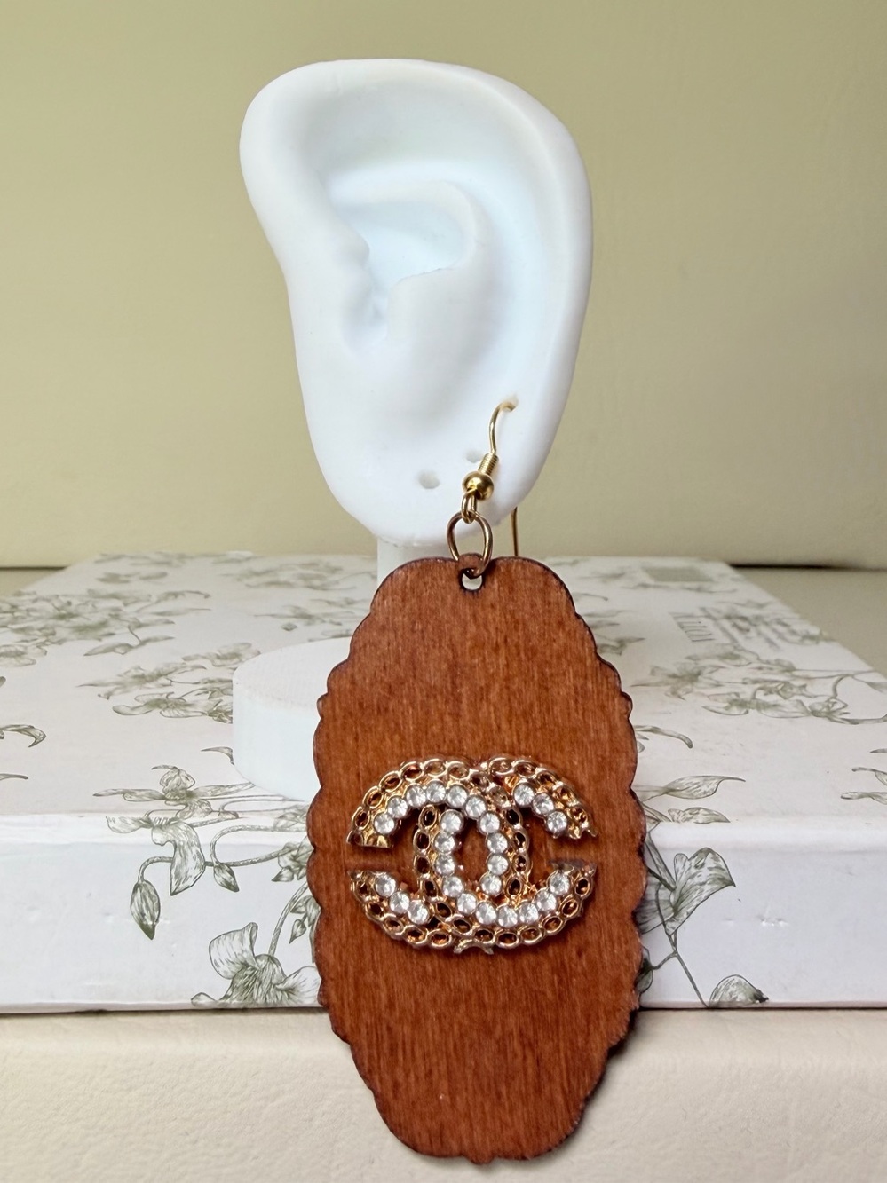 CC Gold and Wood Drop Earrings with Crystal Accent